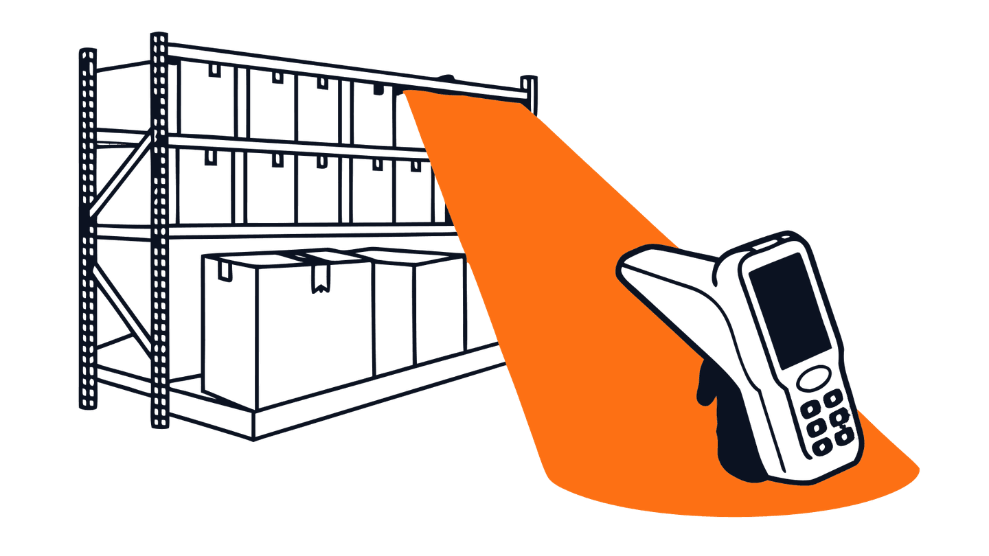 Illustrazione isometrica: scaffalatura industriale di magazzino con scatole accatastate e un terminale palmare che proietta un fascio arancione su un collo — visualizza il momento in cui il movimento viene registrato dove accade, invece che a fine turno.
