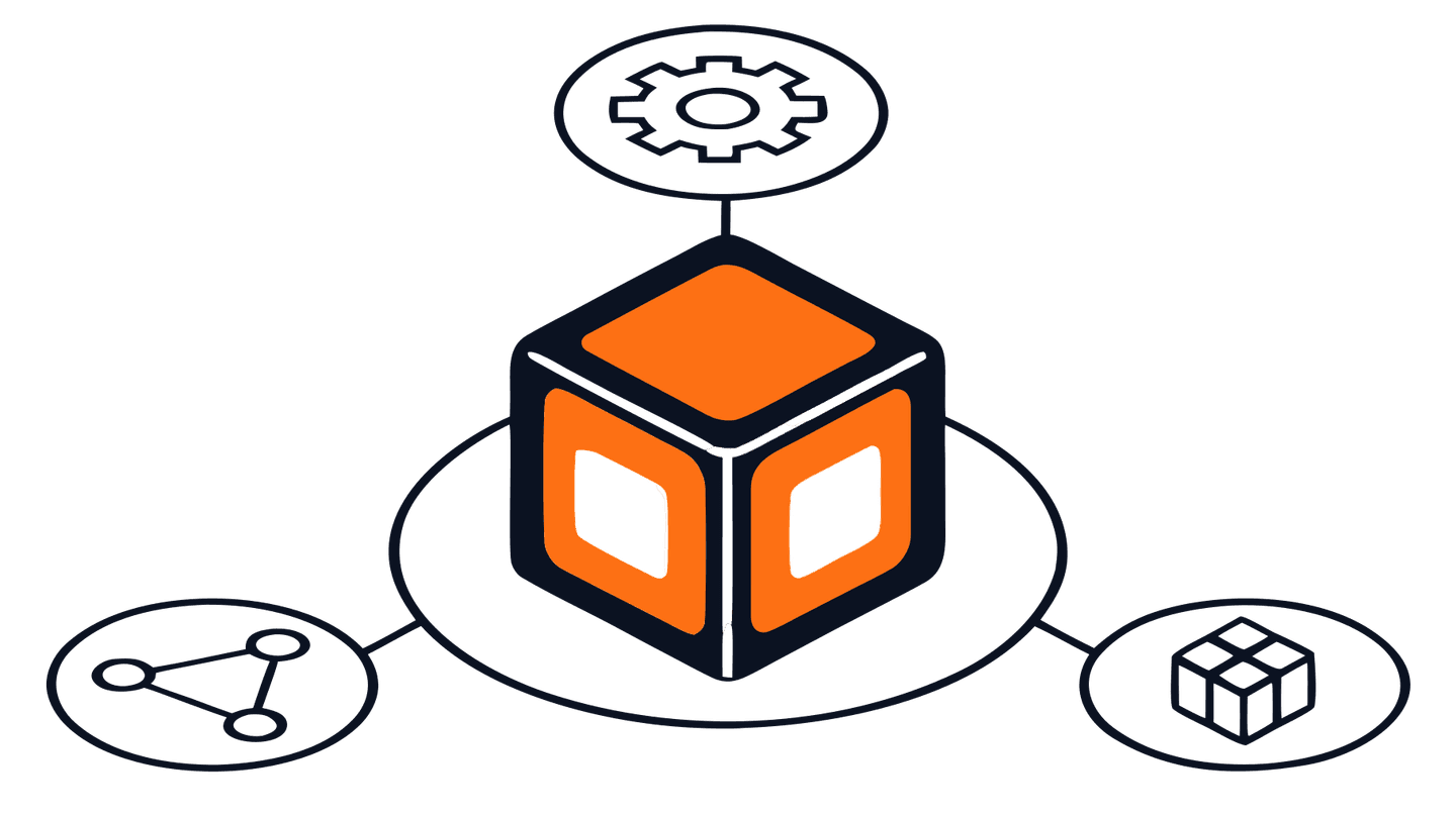 Illustrazione isometrica: un cubo server centrale con tre percorsi arancioni distinti — un connettore, un ingranaggio, tre nodi collegati — che rappresentano tre modi diversi di integrarsi con SAP Business One.
