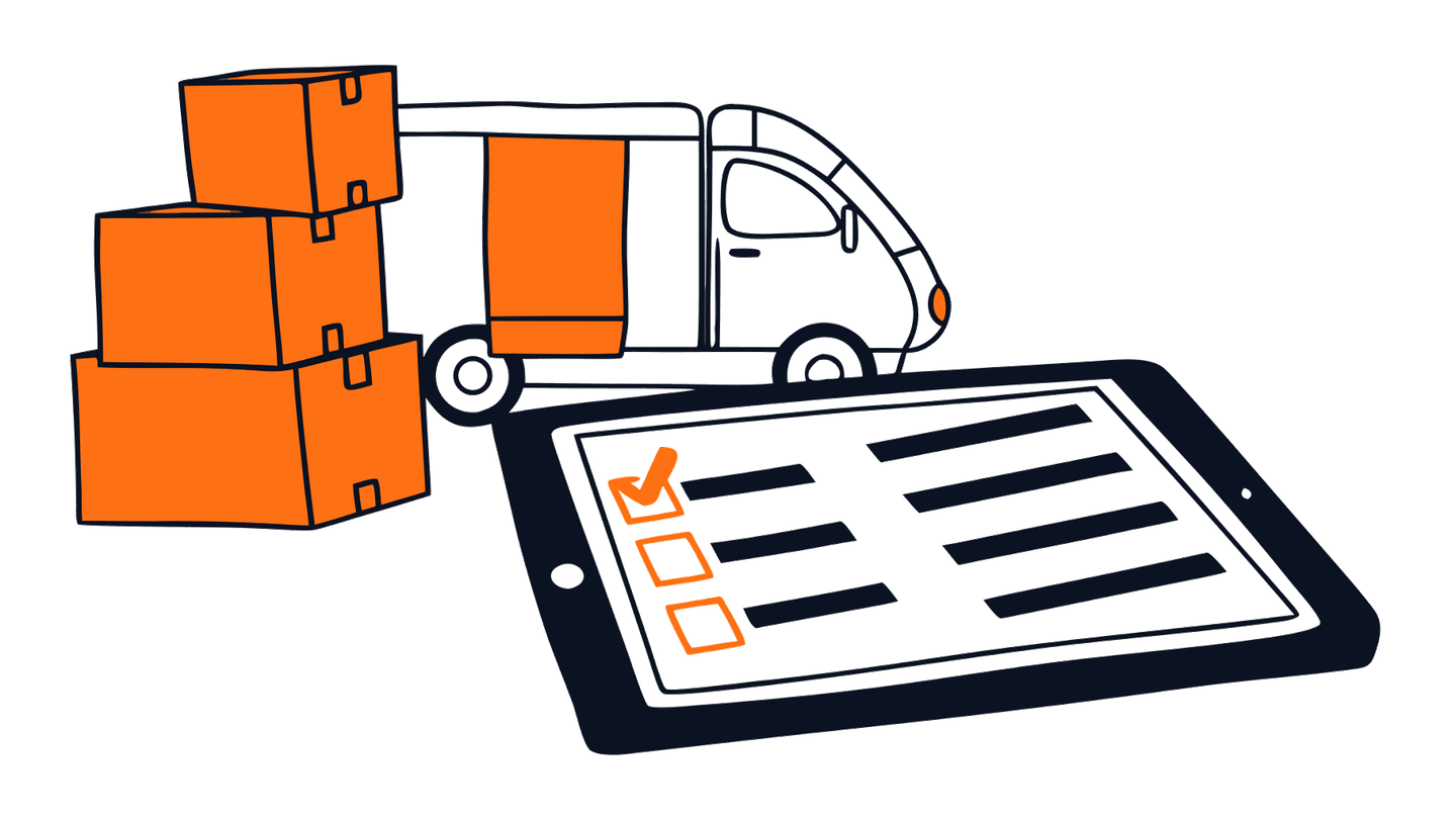 Isometric illustration: delivery van with goods, tablet showing an order, orange data stream flowing toward a central SAP Business One server cube — visualising the single source of truth principle from field to ERP.