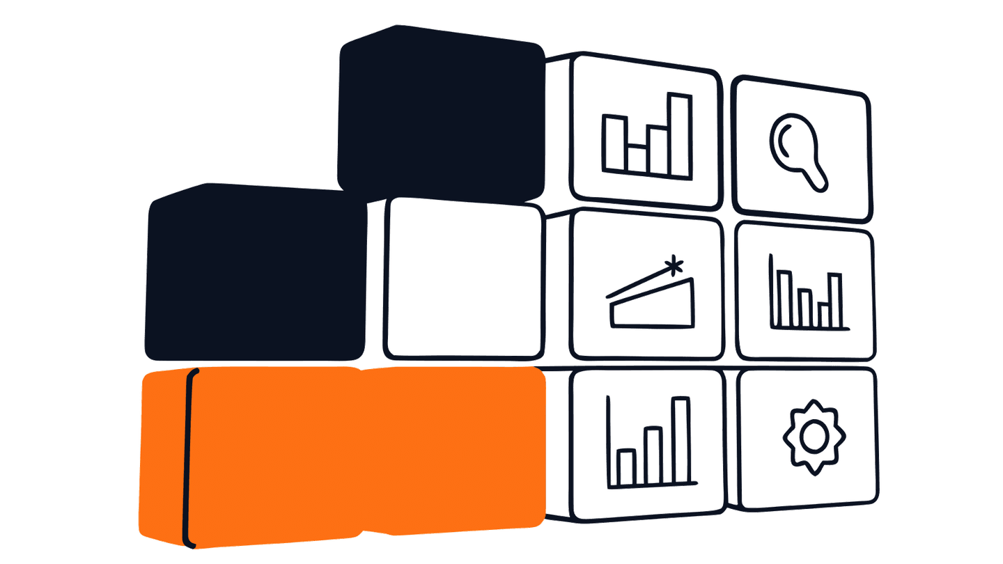 Modular blocks with analysis and configuration icons assembling into a structure